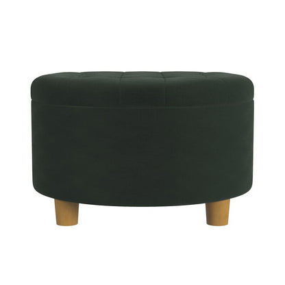 Jo Storage Ottoman, 28 Inch Round Tufted Lift Top, Olive Green Velvet