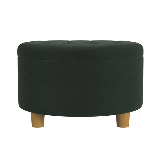 Jo Storage Ottoman, 28 Inch Round Tufted Lift Top, Olive Green Velvet