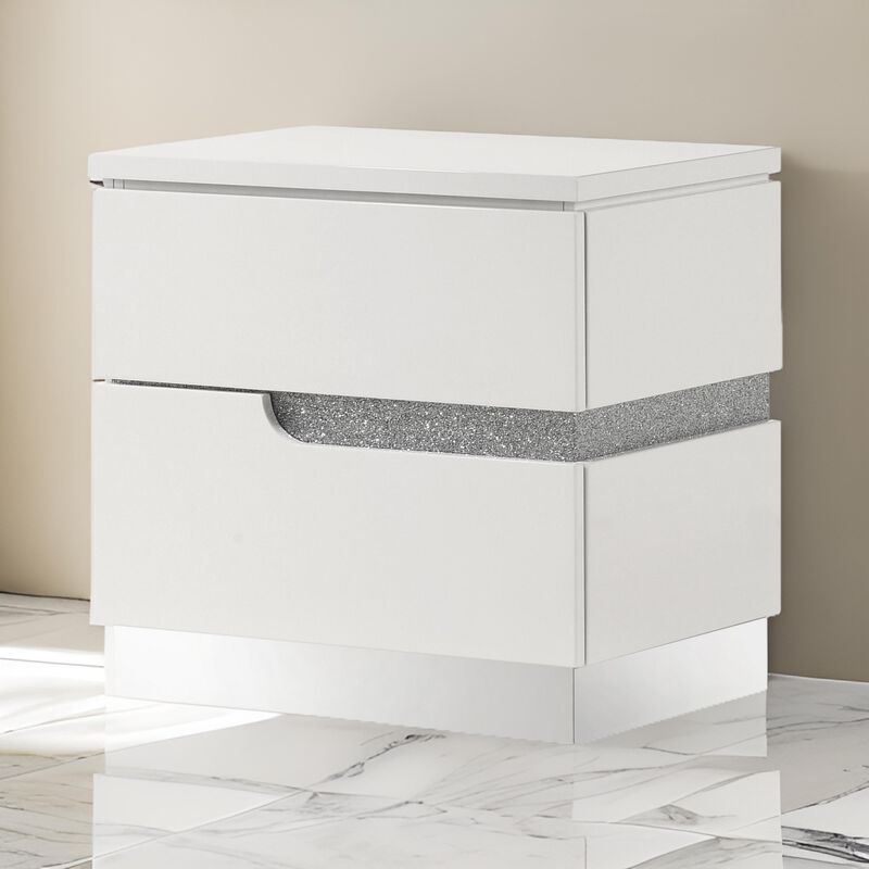 Ara 23 Inch Nightstand, 2 Drawers, Crystal Accents, White Laminate Finish