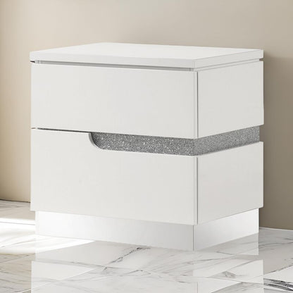 Ara 23 Inch Nightstand, 2 Drawers, Crystal Accents, White Laminate Finish