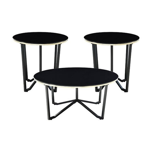 Amyra 3pc Occasional Coffee and End Table Set, Black Glass, Gold