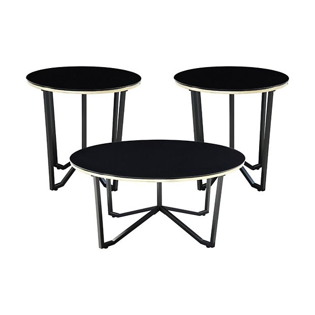 Amyra 3pc Occasional Coffee and End Table Set, Black Glass, Gold