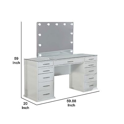 Vaz 3pc LED Mirror Vanity Table Set w Padded Stool, Glass Top, Gray