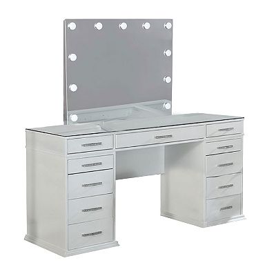 Vaz 3pc LED Mirror Vanity Table Set, Glass Top, Padded Stool, White