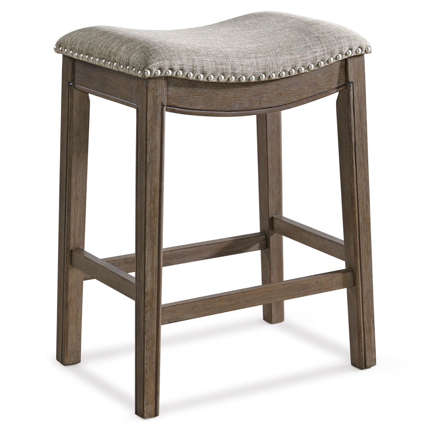 Rome 25 Inch Counter Height Chair, Fabric Seat, Antique Gray Wood, Set of 2