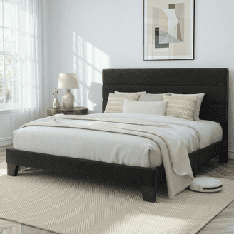 Annie King Platform Metal Bed, Brown Faux Cane Panel Headboard, Dark Bronze