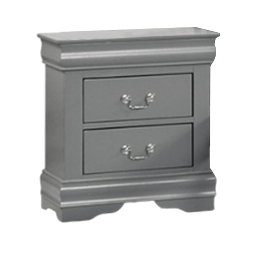 Ryla Nightstand, 2 Drawers, Light Gray Solid Wood, Nickel Drop Handles