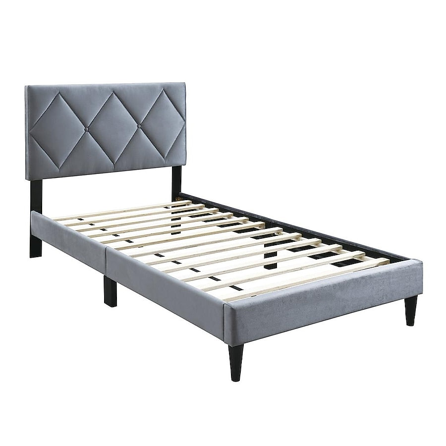Lilian Full Size Bed, Tufted Gray Velvet Upholstery, Diamond Stitch