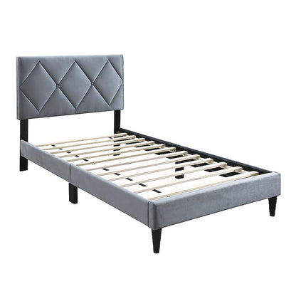 Lilian Full Size Bed, Tufted Gray Velvet Upholstery, Diamond Stitch