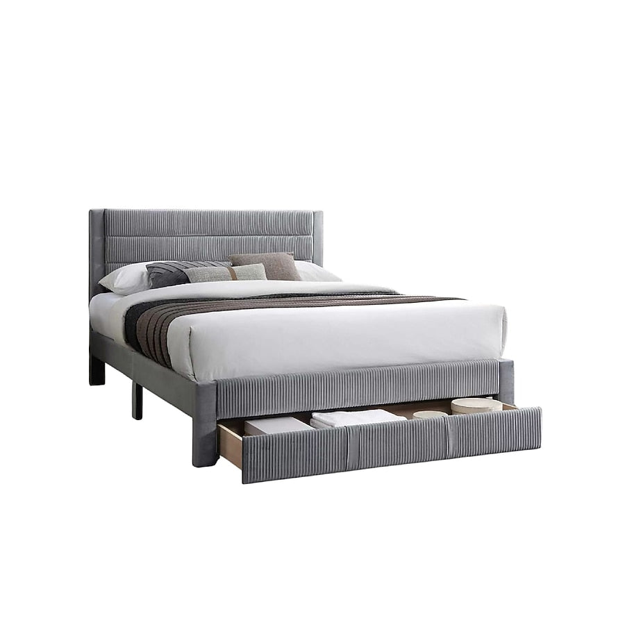 Daisy Full Bed w Drawer, Light Gray Corduroy Upholstery, Foam Headboard