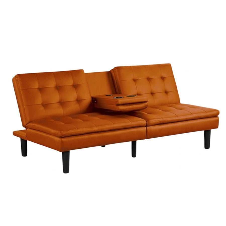 Berie Futon Sofa Bed, Drop-Down Tray, Cupholders, Orange Faux Leather