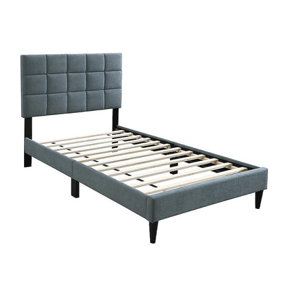 Lilian Twin Bed, Tufted Gray Linen Upholstery, Biscuit Tufted Stitch