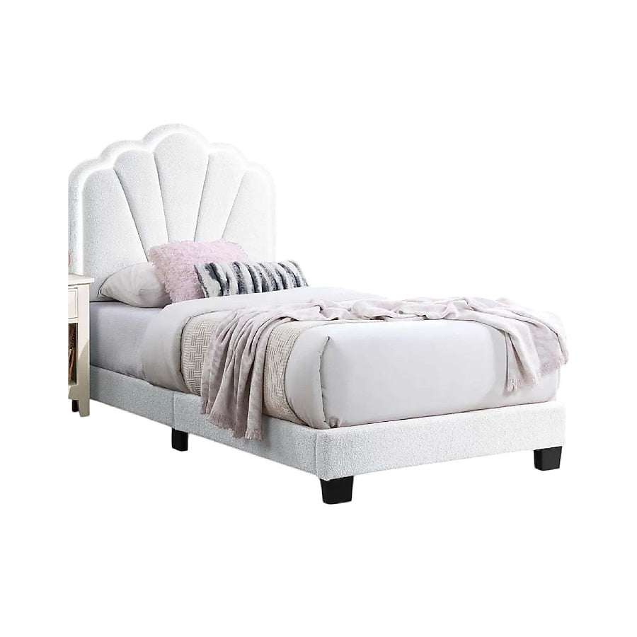 Roxy Twin Bed, White Wool Upholstery, LED Lighting, Padded Headboard