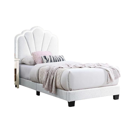 Roxy Twin Bed, White Wool Upholstery, LED Lighting, Padded Headboard