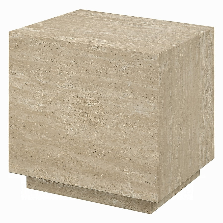 Lory Side End Table, 19 Inch Square Travertine Top, Natural Wood Beige