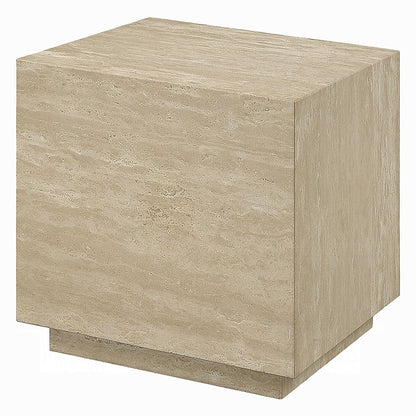 Lory Side End Table, 19 Inch Square Travertine Top, Natural Wood Beige