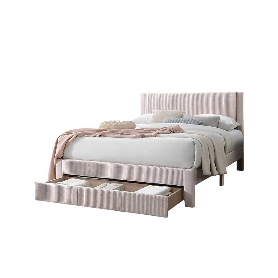 Peo Queen Size Bed w Storage Drawer, Light Pink Corduroy Upholstery