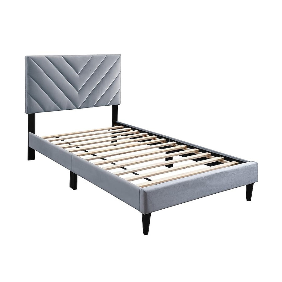 Lilian Full Size Bed, Tufted Gray Velvet Upholstery, Chevron Stitch
