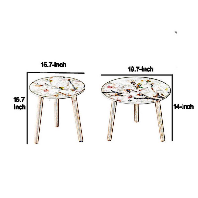 Byle 16, 20 Inch Side Table Set of 2, Floral Design, Cherry Blossom, White