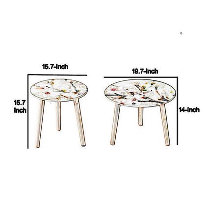 Byle 16, 20 Inch Side Table Set of 2, Floral Design, Cherry Blossom, White