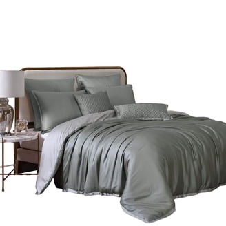 Keo 9pc King Comforter Set, Reversible, Soft Sage Gray Silky Fabric