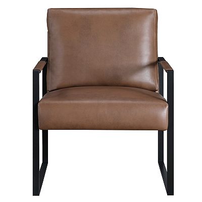 Mackie Accent Armchair, Dark Brown Faux Leather, Black Metal Frame