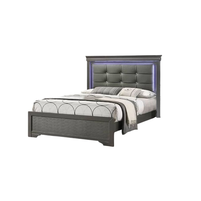Grin Queen Size Bed, Dark Gray Faux Leather Upholstery, LED Headboard