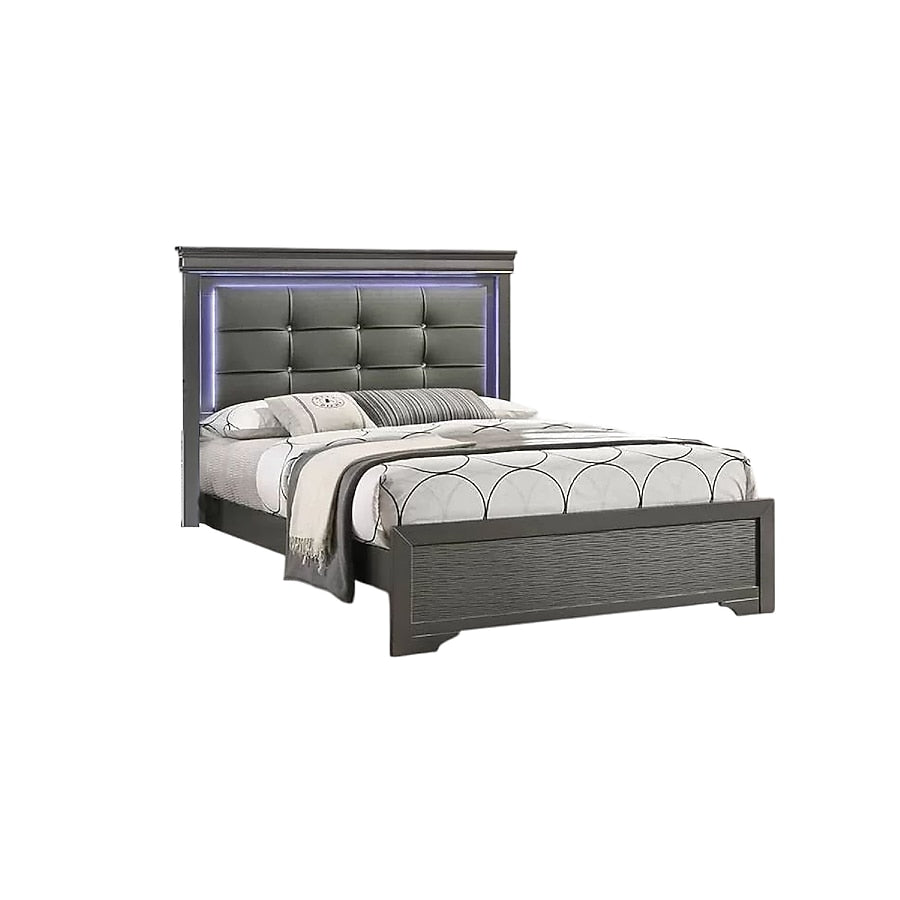 Grin Queen Size Bed, Dark Gray Faux Leather Upholstery, LED Headboard