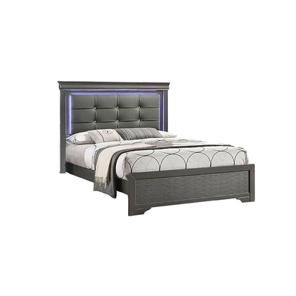 Grin Queen Size Bed, Dark Gray Faux Leather Upholstery, LED Headboard