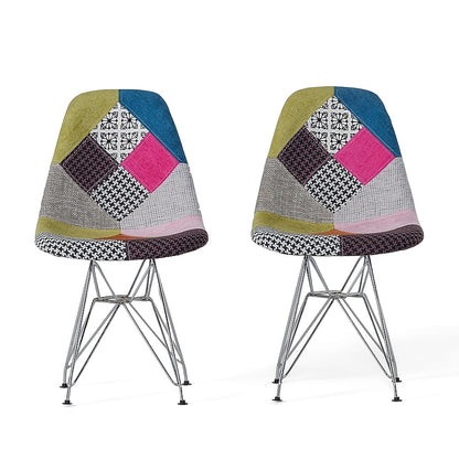 Accent Chair Set of 2, Multicolor Pink Patchwork w Eiffel Metal Base