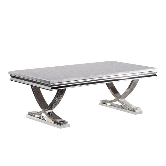 Wety Coffee Table, Faux Marble Top, Chrome Pedestal Base, 51 Inch