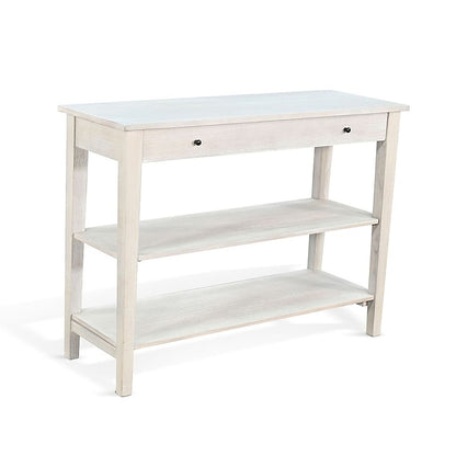 Pela Sofa Console Table, 42 Inch Top, 2 Shelves, Light Gray Solid Wood
