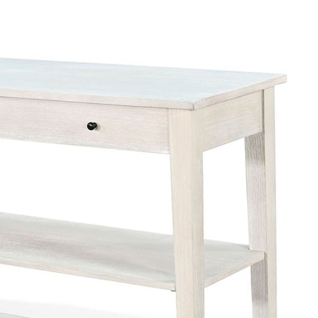 Pela Sofa Console Table, 42 Inch Top, 2 Shelves, Light Gray Solid Wood