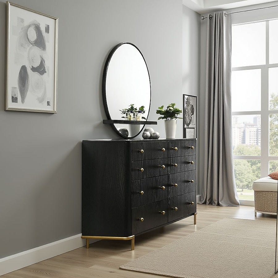 Fij Oval Dresser Mirror, Black Wood Frame, Felt-lined Tray, 38 Inch