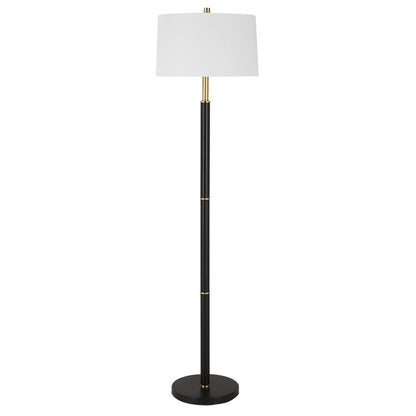 62 Inch Floor Lamp, White Tapered Hardback Shade, Black with Gold Accents