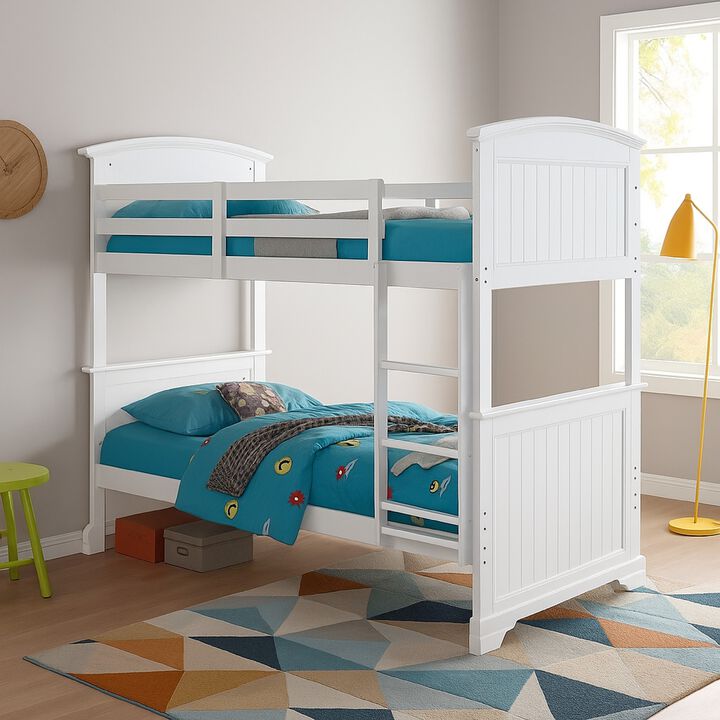 Rexo Twin over Full Bunk Bed with Ladder, Plank Style Headboard, White