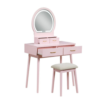 Anvy Vanity Desk Set with Mirror and Stool, 4 Drawers, Wood – Pink