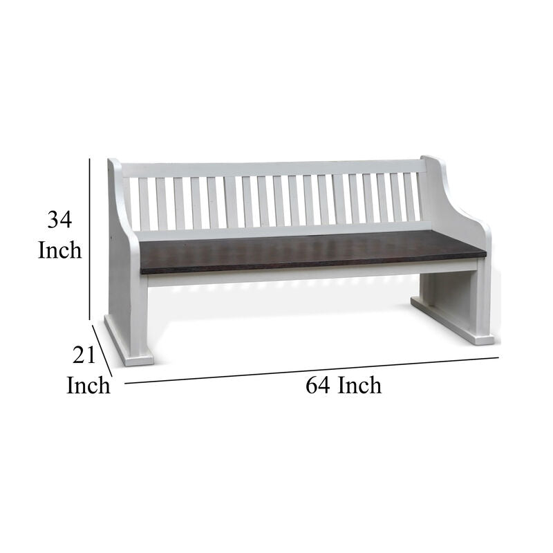 Orso Bench, Slat Back Design, White, Brown Mahogany and Mindi, 64 Inch