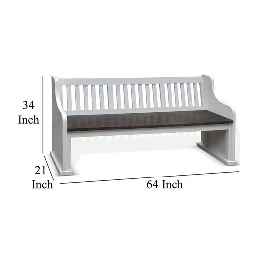 Orso Bench, Slat Back Design, White, Brown Mahogany and Mindi, 64 Inch