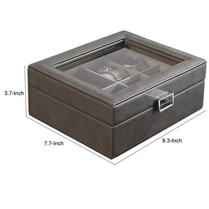 9 Inch Watch Case with 8 Spaces, Gray Faux Leather, Lined, Glass Lid, Black