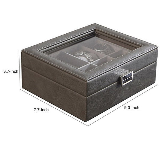 9 Inch Watch Case with 8 Spaces, Gray Faux Leather, Lined, Glass Lid, Black