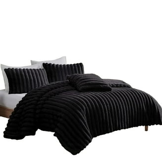 Sieno 4pc King Comforter Set, Shams, Black Faux Fur, Micro Mink Back