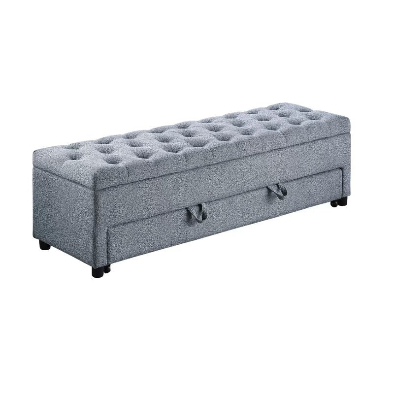 Kenny Ottoman, Underseat Drawer, Gray Button Tufted Boucle 60 Inch