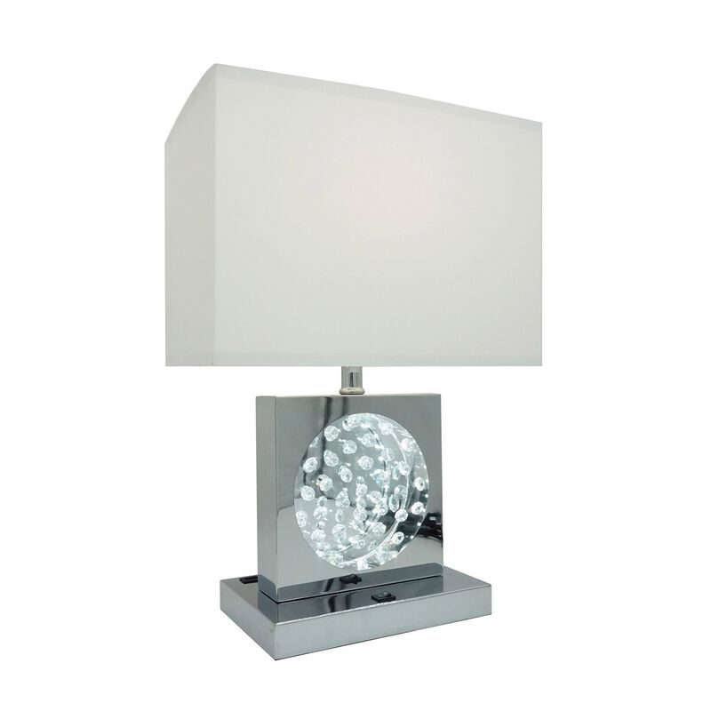 Rohi 22 Inch Table Lamp, White Fabric Shade, Chrome Base, LED Accents