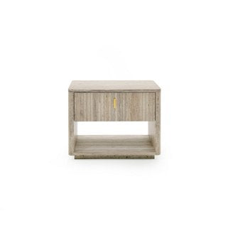 Fly 32 Inch Nightstand, 1 Drawer, 1 Sleek Gold Handle, Travertine Gray