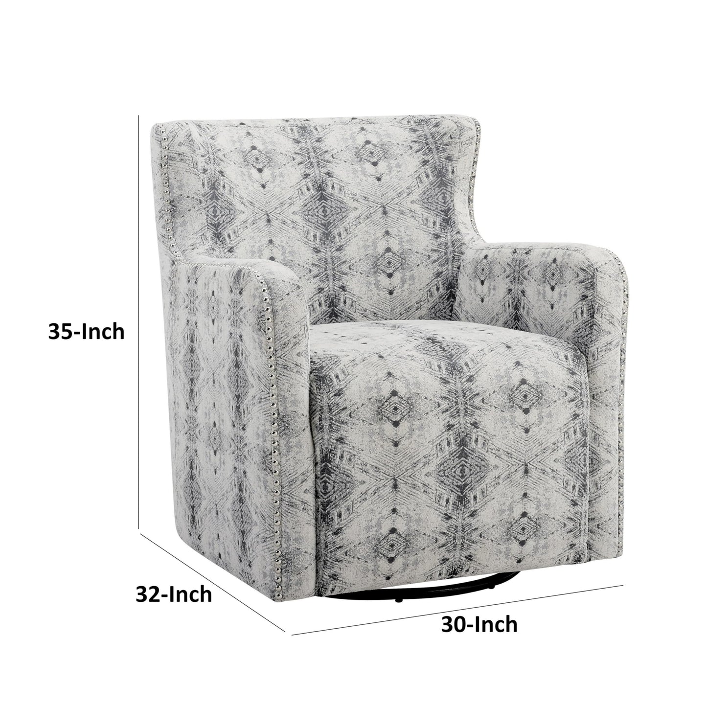 32 Inch Swivel Accent Chair, Gray Black Patterned Polyester, Solid Wood