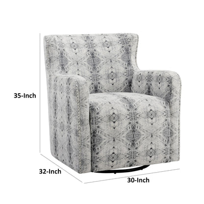 32 Inch Swivel Accent Chair, Gray Black Patterned Polyester, Solid Wood