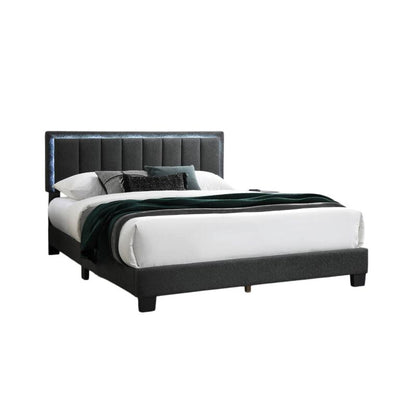 Zemo Queen Size Bed, LED Headboard, Charcoal Gray Wool Upholstery