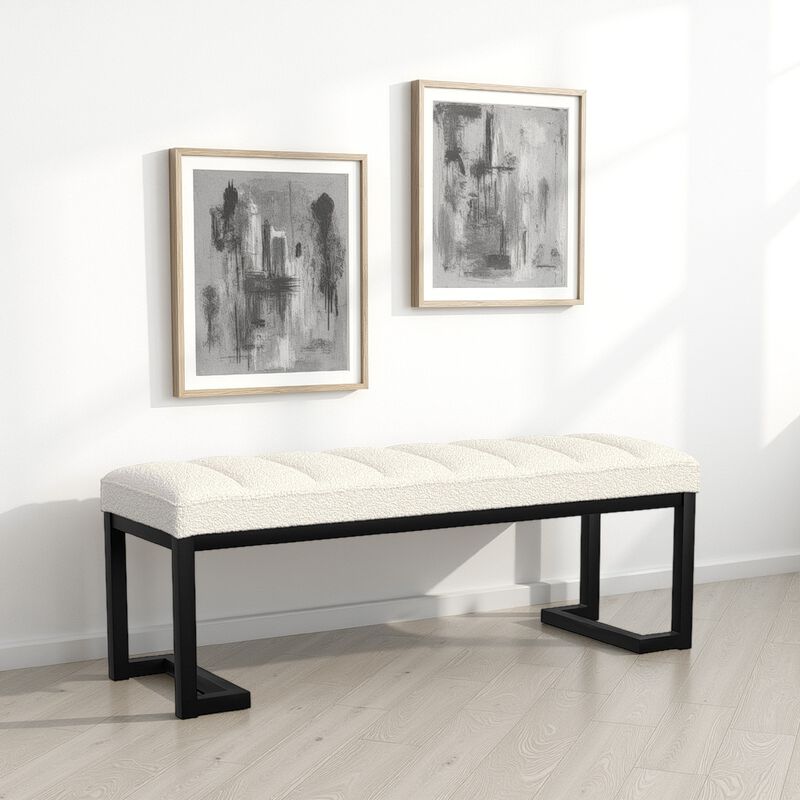 Mezza Accent Bench, Tufted Gray Boucle Fabric, Black Metal, 48 Inch