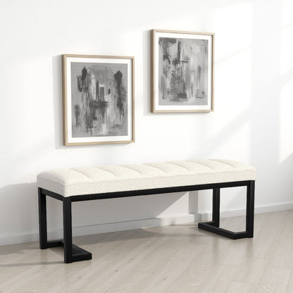 Mezza Accent Bench, Tufted Ivory Boucle Fabric, Black Metal, 48 Inch
